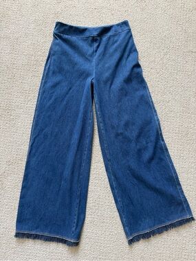 Lysse New York Wide Leg Cropped Denim Jeans Frayed Hem Pull On Size Small